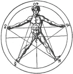 H. Cornelius Agrippa's illustration of how the pentagram proportions the human body.